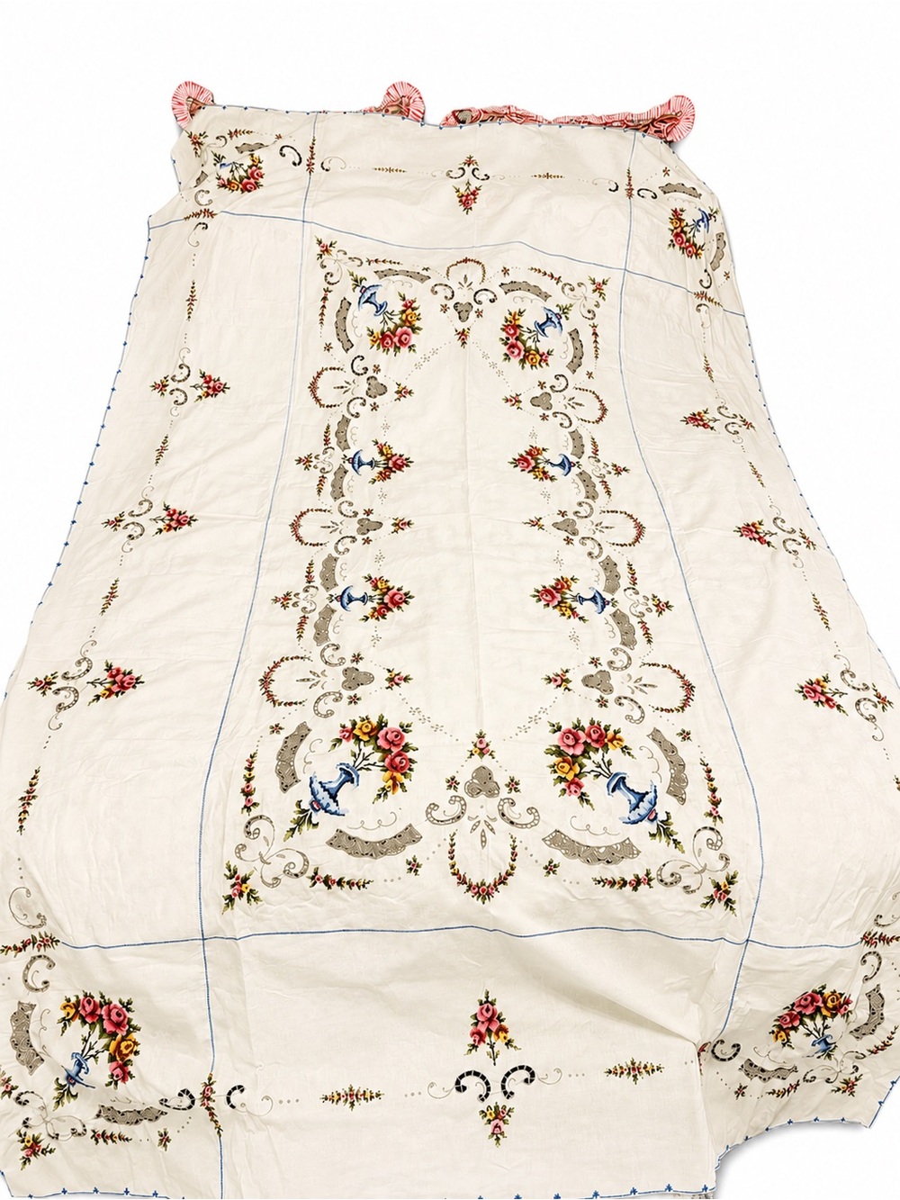 STUNNING!🌺 63"x100" XL Vintage Floral Cross-Stitch Embroidered Cream Tablecloth